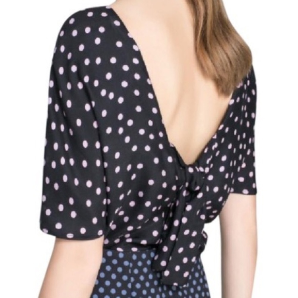 ZARA WOMAN SILK POLKA DOT BLACK TOP BOW SIZE XS